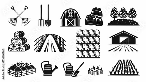 Collection of farming and agriculture related icons including tools, crops, buildings and landscape |eps vectors set silhouette