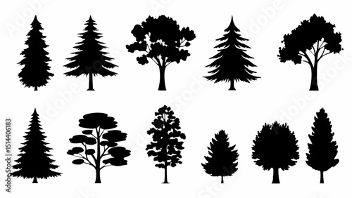 Silhouette collection of various tree types including pine trees deciduous trees and other forest trees |eps vectors set