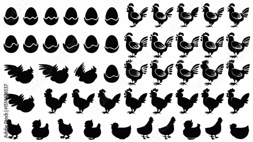 Silhouette pattern showing eggs in various stages of hatching and different poses of chickens and chicks |eps vectors set