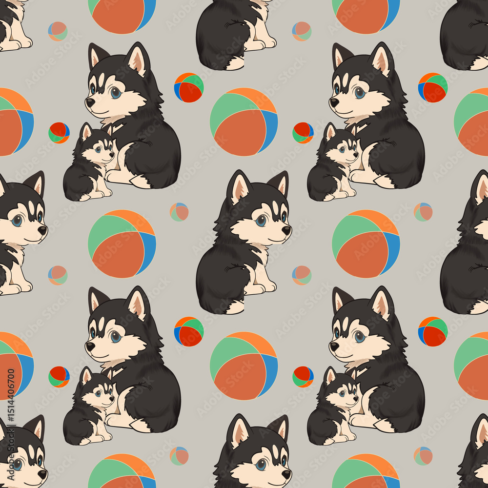 Cute Husky Puppies with Colorful Balls Seamless Pattern Cute Husky Puppies with Colorful Balls Seamless Pattern