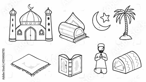 Illustration of islamic symbols including a mosque, quran, prayer rug, and muslim man in black and white |eps vectors set silhouette