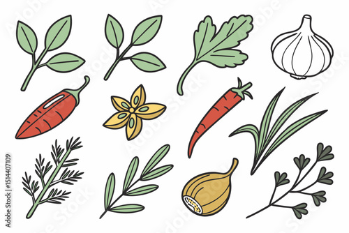 A collection of flat-design Herbs, Spices & Veggie icons, versatile for menus, apps, and culinary projects.