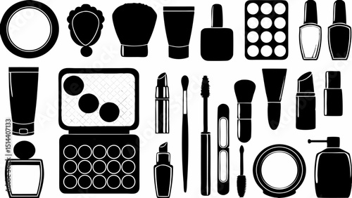 Illustration of various beauty and makeup products arranged in a neat and organized manner |eps vectors set silhouette