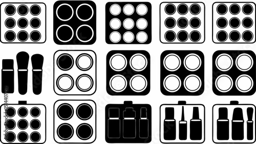 Illustration showing multiple makeup palettes and cosmetic containers in black and white style art design |eps vectors set silhouette