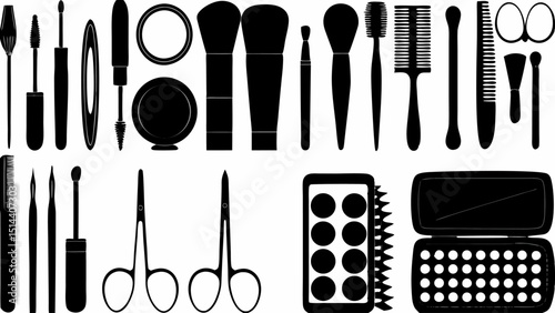 Illustration of various beauty and cosmetic tools including brushes, combs, scissors and palettes tools |eps vectors set silhouette