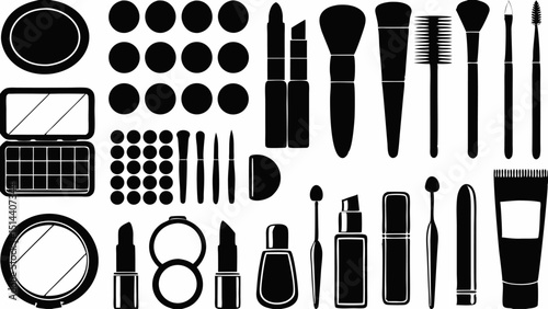 Black and white silhouette of various makeup products and tools arranged symmetrically on a white background |eps vectors set