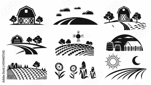Collection of black and white agricultural icons featuring farms fields crops and farming related elements |eps vectors set silhouette