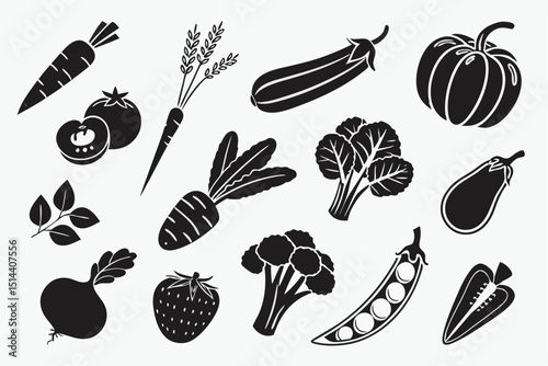 A set of 25 icons focusing on mixed vegetable item black color  designs.