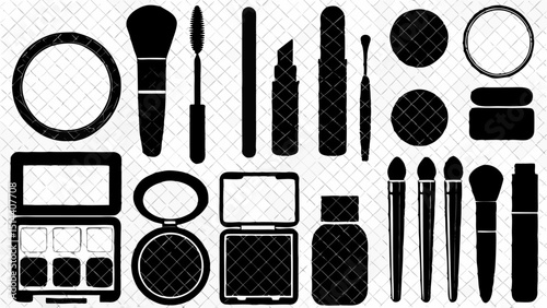 Collection of various makeup products including brushes lipstick and eyeshadow palettes vector art |eps vectors set silhouette