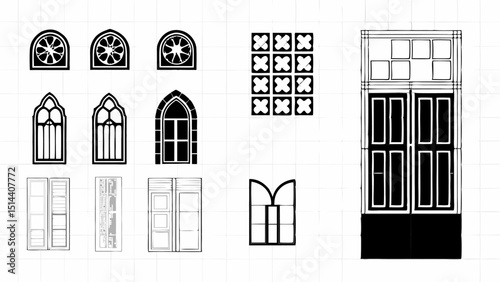Collection of various window styles including arched, gothic, and modern designs in black and white |eps vectors set silhouette