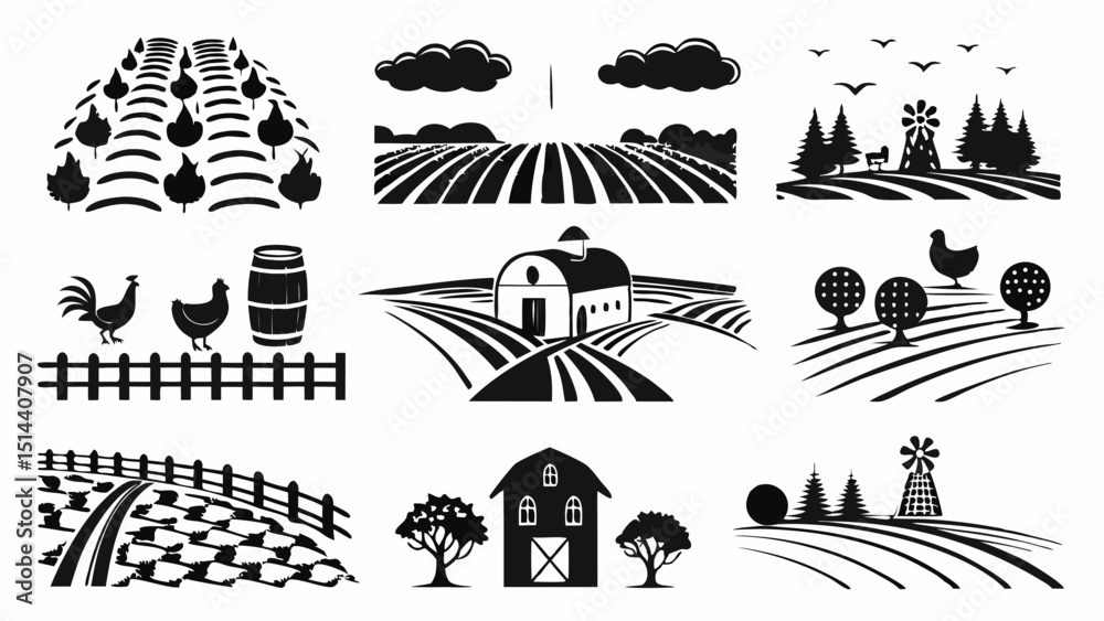 Fototapeta premium Collection of black and white farm scenes featuring barns, fields, animals, and agricultural elements |eps vectors set silhouette