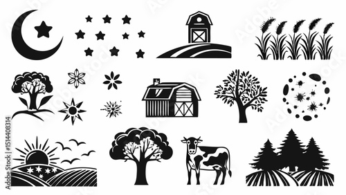 Collection of farm and nature themed icons including barns, trees, moon, stars, cow, and sunrise scenes |eps vectors set silhouette