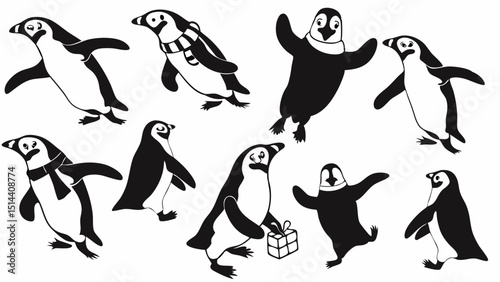Collection of black and white penguin illustrations in various poses and with accessories present |eps vectors set silhouette