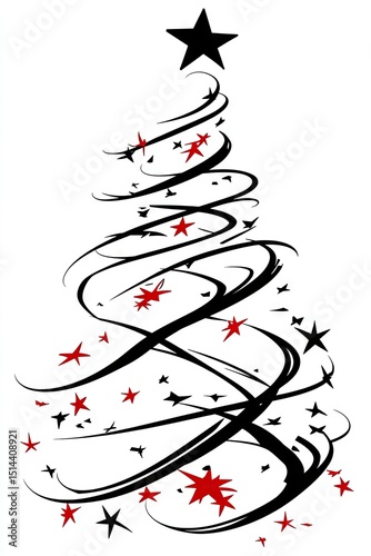 Abstract christmas tree design with swirls and stars.