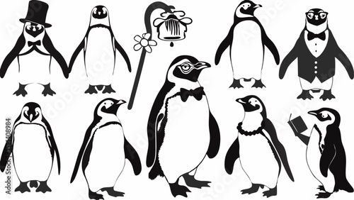 A collection of ten black and white penguins in various poses and wearing formal attire and accessories |eps vectors set silhouette