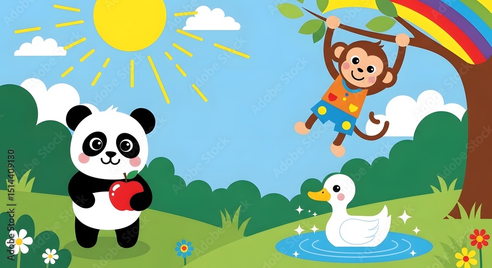 Naklejka premium Cartoon illustration of panda holding apple, monkey swinging, and duck in a pond scene
