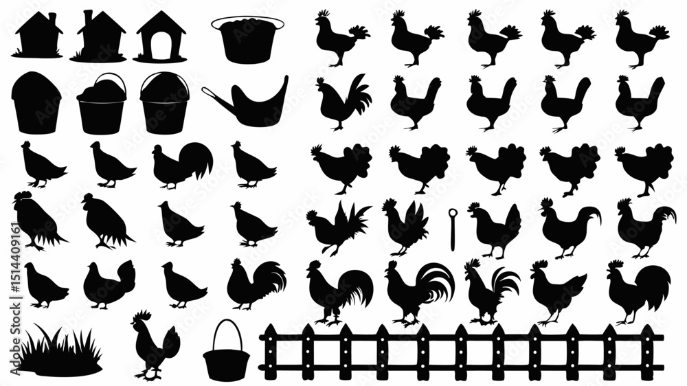 Naklejka premium Silhouette collection of farm animals and structures including chickens roosters and fences and buckets |eps vectors set