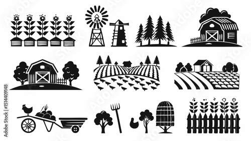 Black and white farm scenes featuring barns, windmills, crops, trees, and animals in silhouette style |eps vectors set