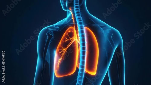 Human lungs anatomy glowing orange inside transparent body with spine and rib cage visible, medical concept showing respiratory system and highlighted bronchial tubes in blue and orange colors
