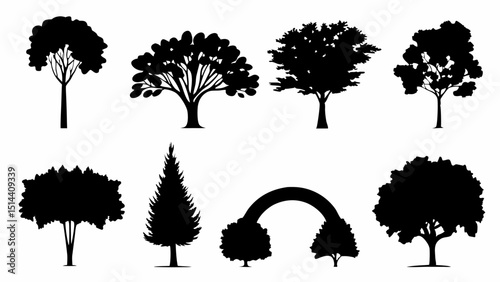 Silhouette illustration featuring a diverse collection of tree shapes and sizes against a white backdrop |eps vectors set