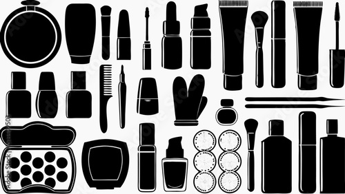 Silhouette illustration of various cosmetic products and beauty accessories in black and white style |eps vectors set