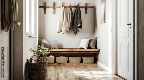 Nordic farmhouse hallway with wooden bench and storage