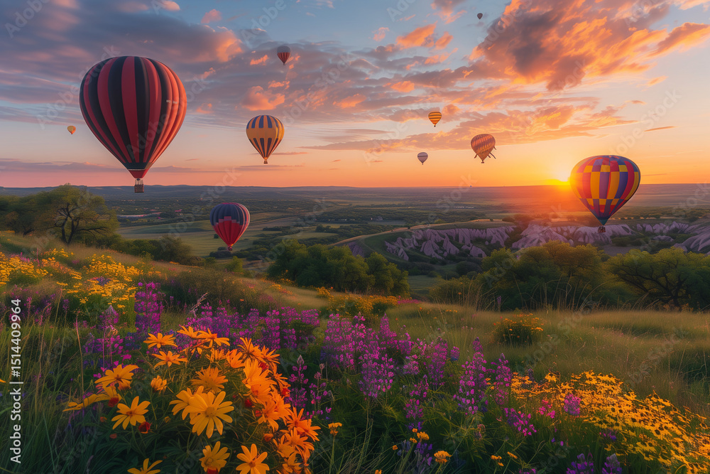 Obraz premium Dreamy green valley with purple and yellow wildflowers, sunrise sky, and hot air balloons floating.