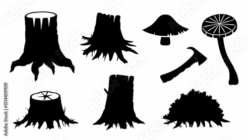 Illustration of tree stumps, mushrooms, axe, and foliage in black silhouette on a white background design |eps vectors set