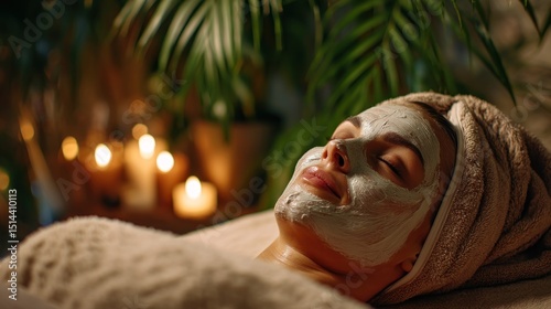 A woman enjoying a facial mask treatment with a towel wrap on her head, lying in a serene spa room with candles and green plants around.