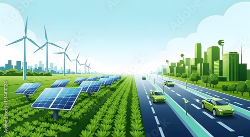 Illustration of solar panels, wind turbines, cars, and city buildings in green tone