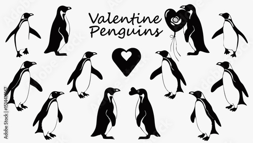 Illustration of valentine penguins with heart shaped balloon and heart in black and white colors theme |eps vectors set silhouette