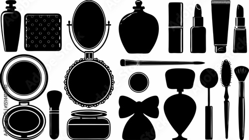 Illustration of various beauty and cosmetic products including perfume bottles and makeup brushes set out |eps vectors set silhouette