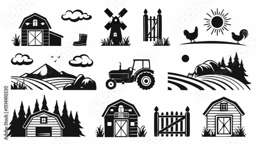 Illustration set featuring farm elements including barns, windmill, tractor, fields, and farm animals, 100 chars |eps vectors set silhouette