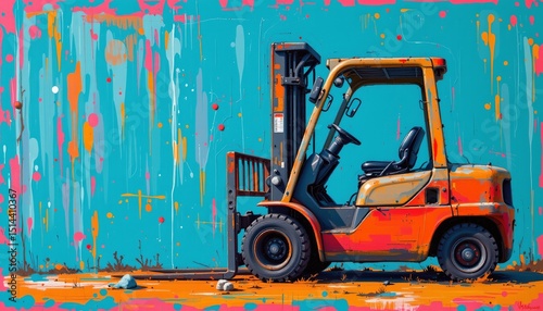 an expressionist painting of forklift, positioned left, ,no text, no logo, coral background photo
