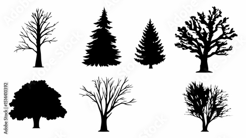 Silhouette trees of different types including deciduous and evergreen trees in a graphic illustration |eps vectors set