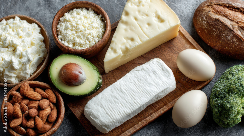 Fototapeta premium Assortment of fresh dairy products and healthy snacks including cheese eggs bread avocado broccoli almonds and coconut on a rustic surface