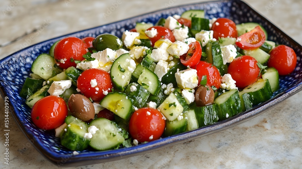 Fresh Greek Salad with Cherry Tomatoes, Cucumber, Olives, and Feta Cheese