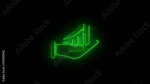 Abstract neon investment icon animation. neon hand on business graph icon animation on black background.4k motion video