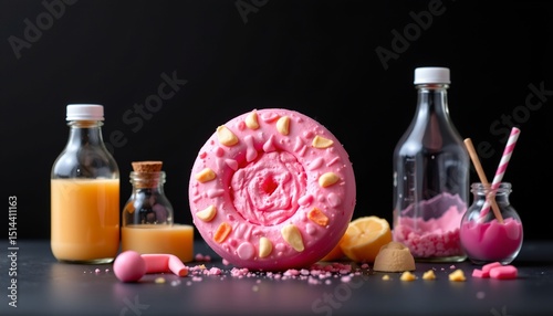 a bubblegum pop style of research lab, positioned left, ,no text, no logo, matte black background