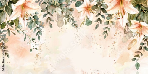 simple yet elegant watercolor baby shower banner with a warm beige and ivory-toned background, fading into a soft peach wash. Hanging from the top are white and pale blush lilies