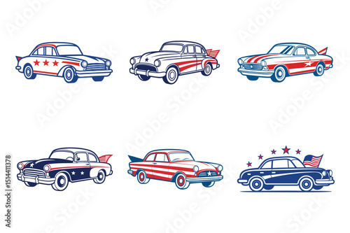 Set of patriotic vintage car vector illustration on white background.