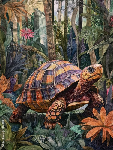 A plaid-patterned tortoise walking through a lush jungle filled with exotic plants