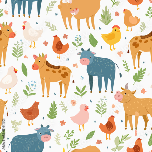 Farmyard friends in a cute, sketchy repeat, great for kids' books, pajamas, and birthday cards.