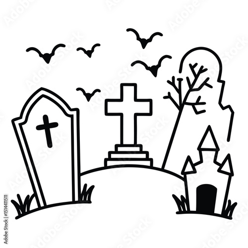  A cemetery gravestones halloween grave line art vector illustration on white background.