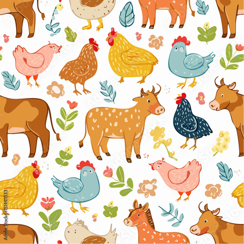 Farmyard friends in a cute, sketchy repeat, great for kids' books, pajamas, and birthday cards.