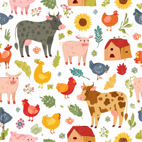 Farmyard friends in a cute, sketchy repeat, great for kids' books, pajamas, and birthday cards.