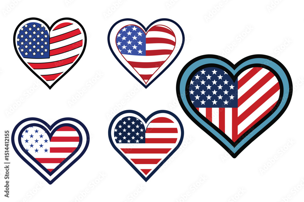 Obraz premium Set of American flag color heart shape vector illustration on white background.