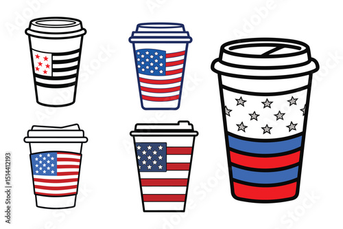 Set of American flag color coffee cup vector illustration on white background.