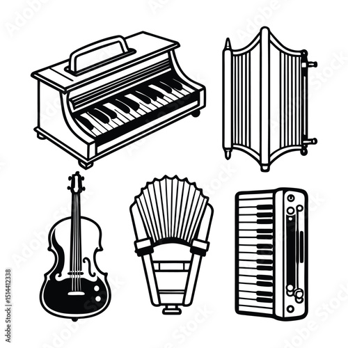 Set of musical instrument likes piano, organ, harp ,guitar, Trumpet line art vector illustration on white background.
