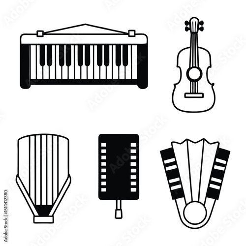 Set of musical instrument likes piano, organ, harp ,guitar, Trumpet line art vector illustration on white background.